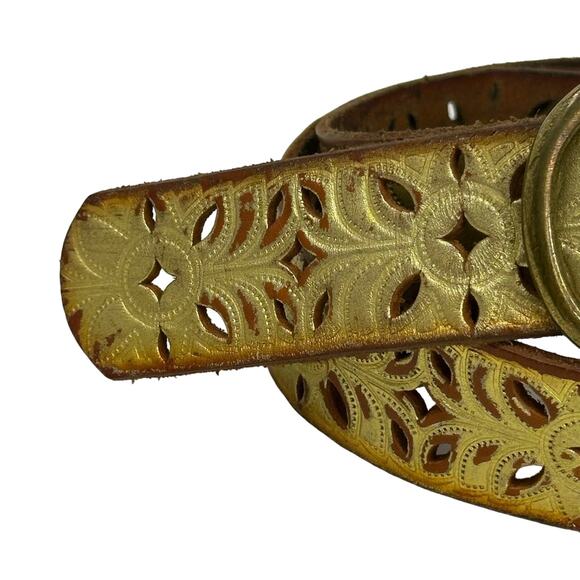 Fossil Distressed Laser Cut Tooled Gold Tone Belt Western Bling Festival Cowgirl - Picture 9 of 11